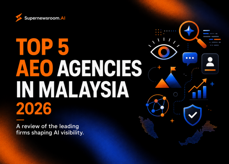 Top 5 AEO agencies in Malaysia for 2026, featuring Supernewsroom.AI branding and AI visibility, search, analytics and trust-signal graphics